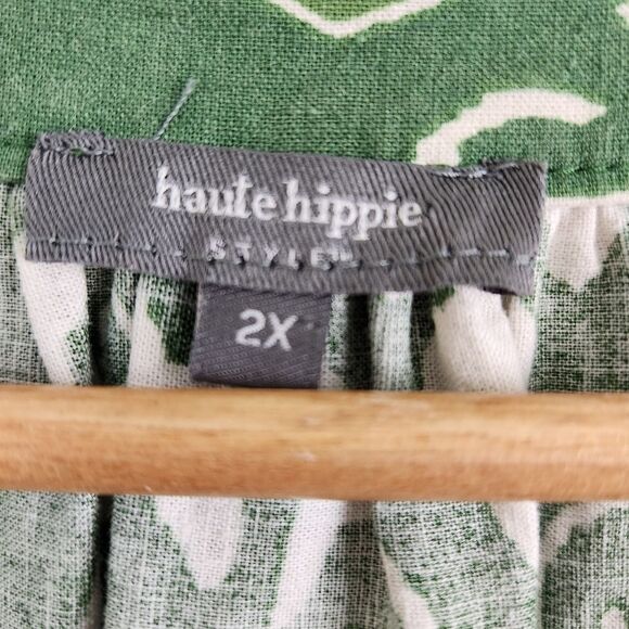 Haute Hippee Linen Blend Green Boho Size 2X Summer Abstract Top - Picture 7 of 8